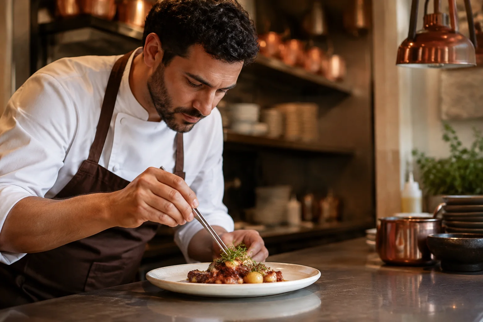 Chef finishing a dish in the kitchen