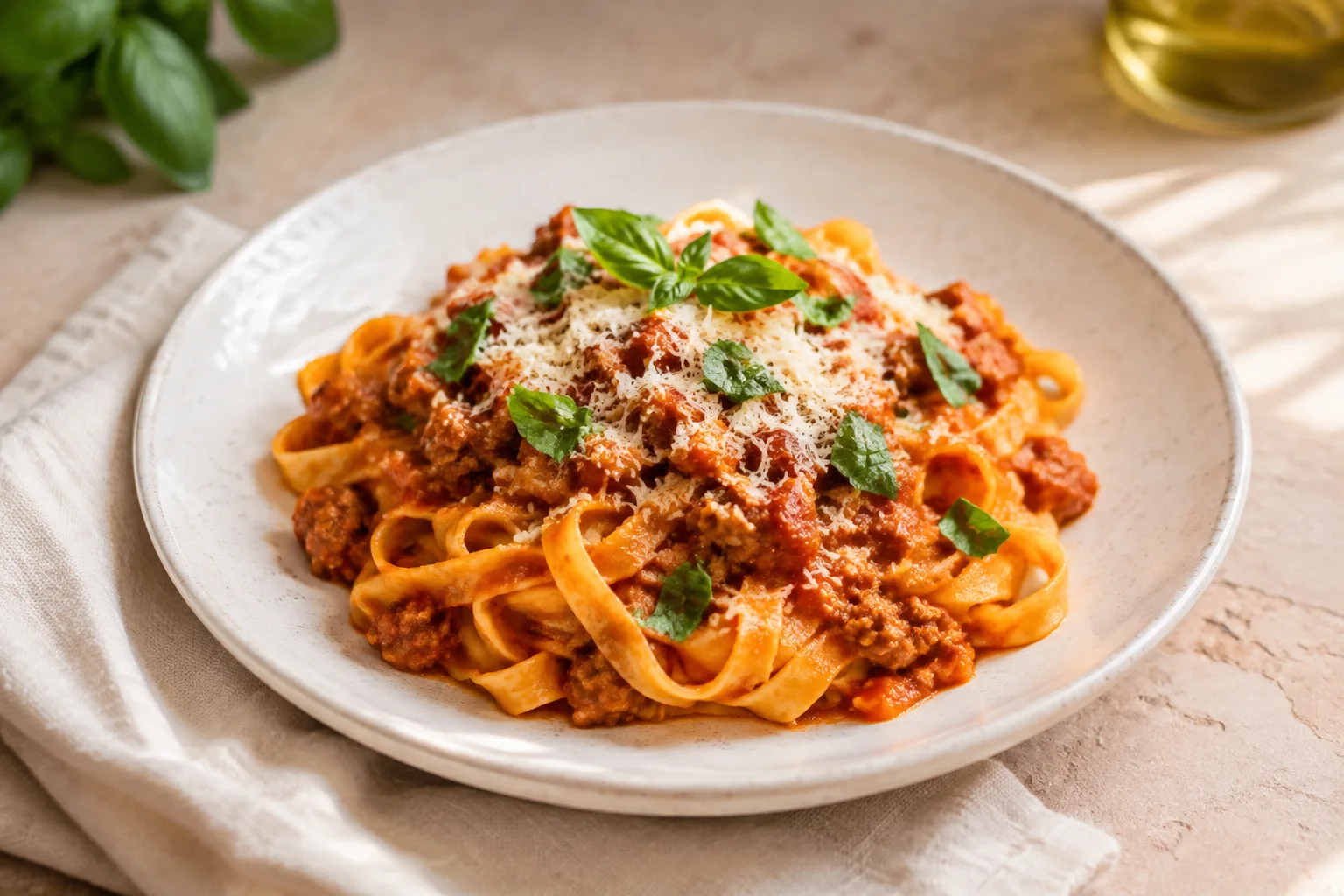 Pasta artesanal con ragú y albahaca