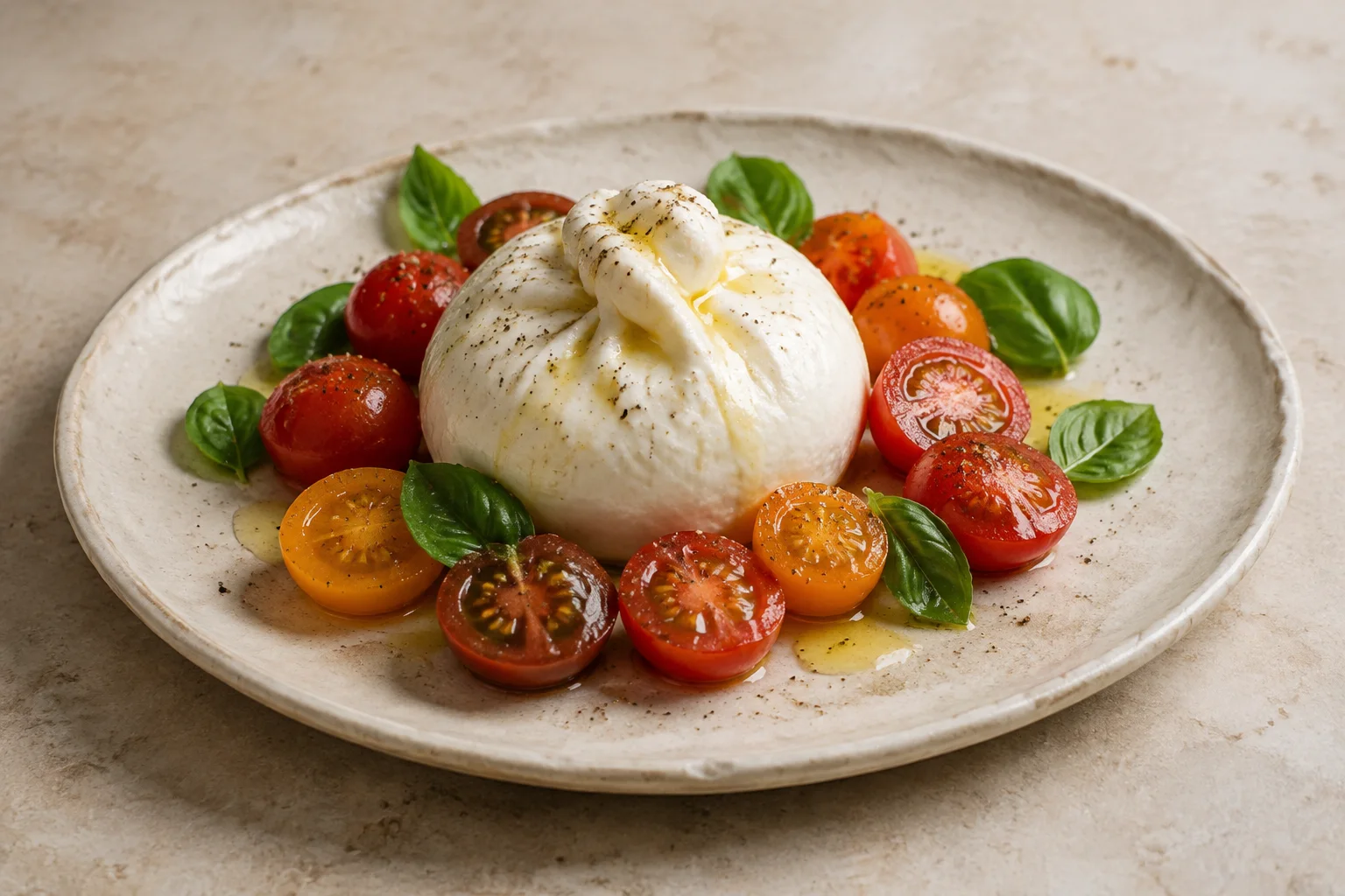Burrata con tomates de temporada