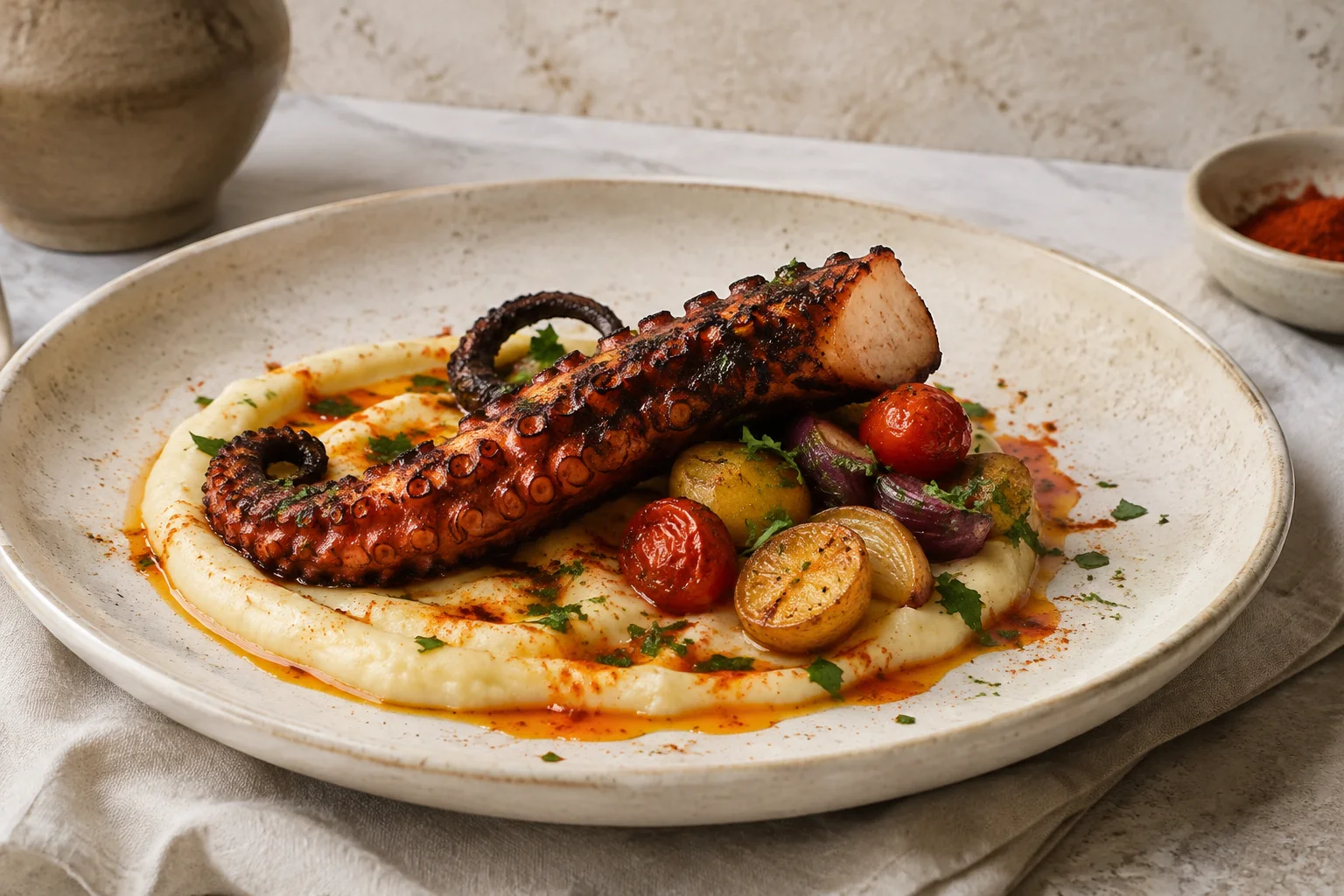 Pulpo a la brasa con puré de patata