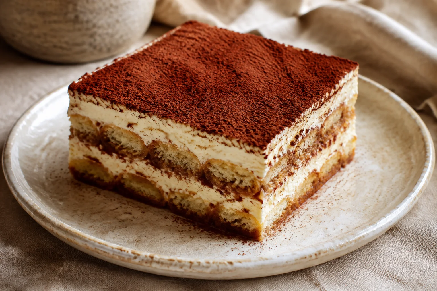 Tiramisú clásico espolvoreado con cacao