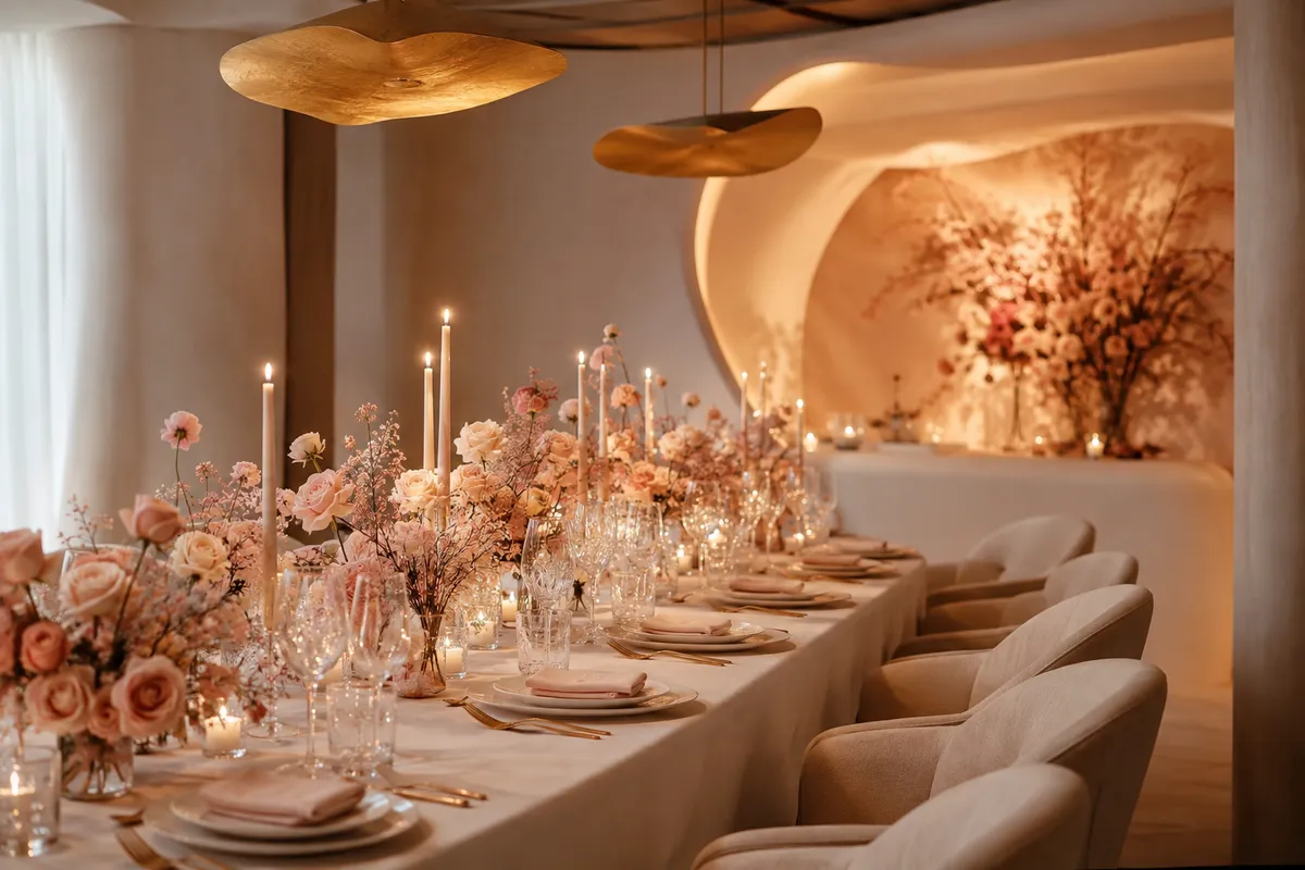 Celebración privada alrededor de una mesa floral