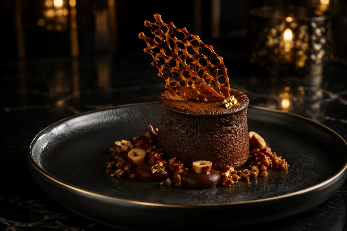 Soufflé de chocolate con detalle dorado