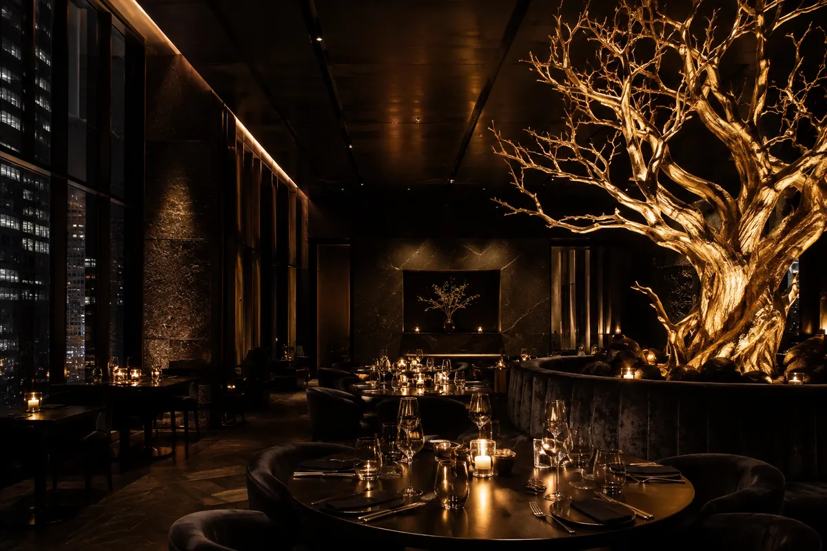 Comedor oscuro de lujo con detalles dorados