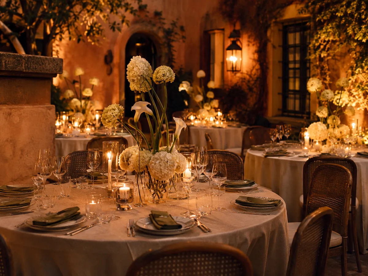 Celebración elegante con flores y luz cálida