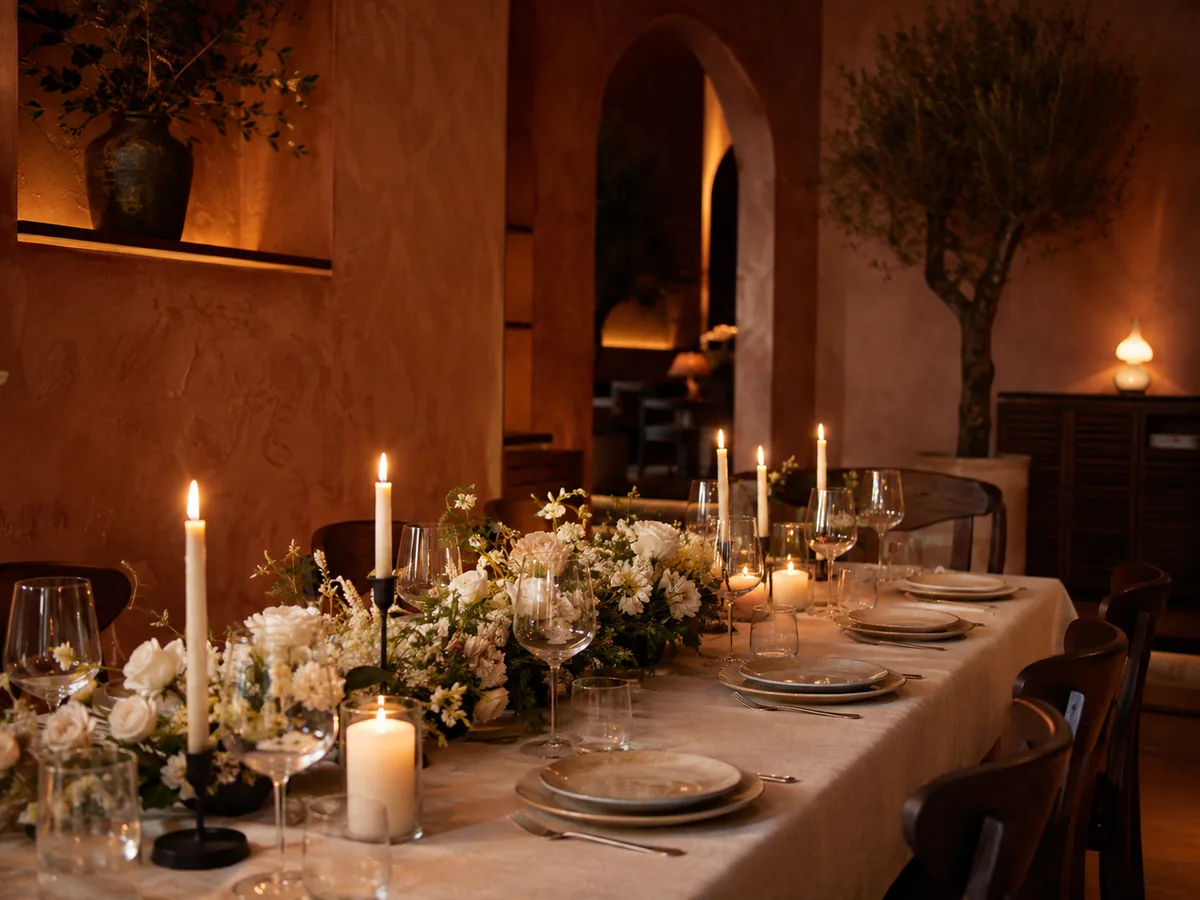 Mesa de celebración iluminada con velas
